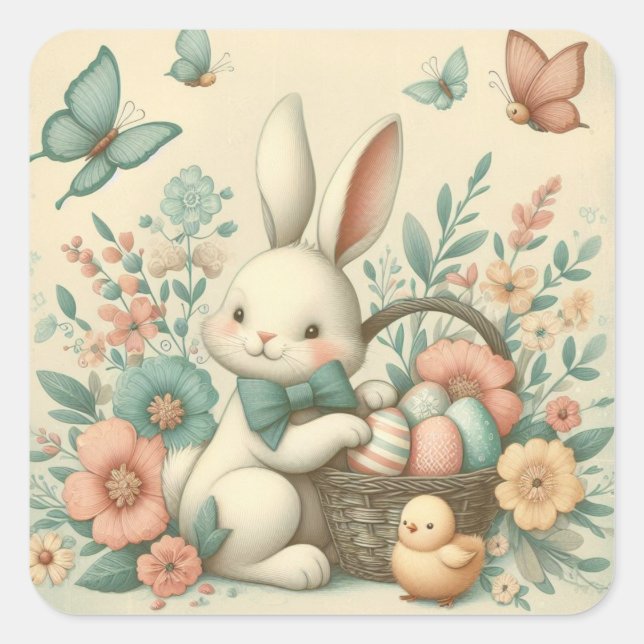 Cute, Vintage Easter bunny & chick Square Sticker (Front)