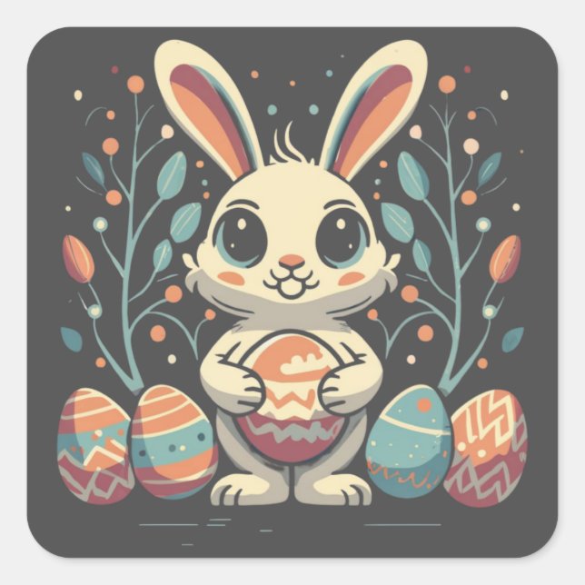 Cute Vintage Easter Bunny Eggs Square Stickers (Front)