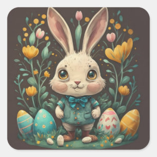 Cute Vintage Easter Bunny Eggs Square Stickers