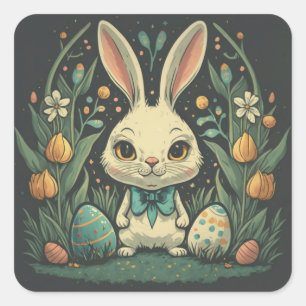 Cute Vintage Easter Bunny Flowers Square Stickers