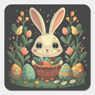 Cute Vintage Easter Bunny Flowers Square Stickers