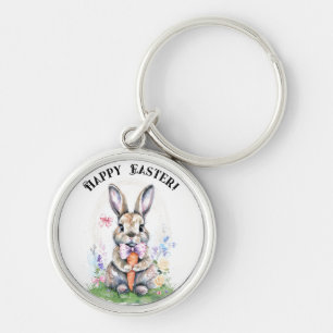 Cute Vintage Easter Bunny Rabbit Watercolor Keychain