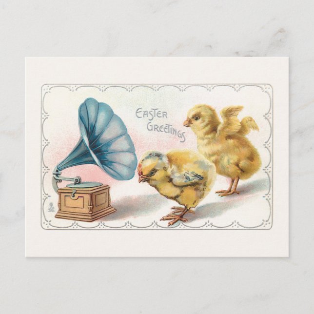 Cute Vintage Easter Chicks and Gramophone Postcard (Front)