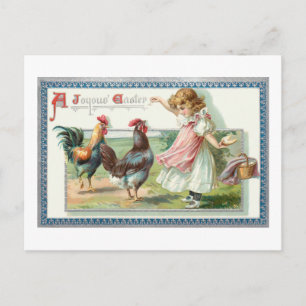 Cute Vintage Easter Hen, Rooster & Girl Postcard