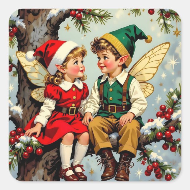 Cute Vintage Elven Fairy Children Christmas Square Sticker (Front)