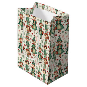 Cute Vintage Elves Christmas Seasonal  Medium Gift Bag