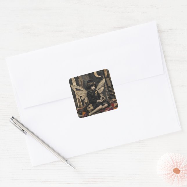 Cute Vintage Fairy Mixed Media Collage Square Sticker (Envelope)