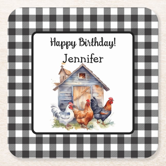 Cute Vintage Farmhouse Style Birthday  Square Paper Coaster (Front)