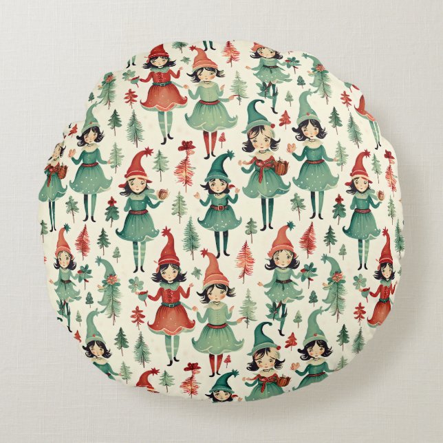 Cute Vintage Female Elves Christmas Seasonal  Round Pillow (Front)