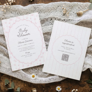 Cute Vintage Floral Pink Oval Frame Baby Shower Invitation