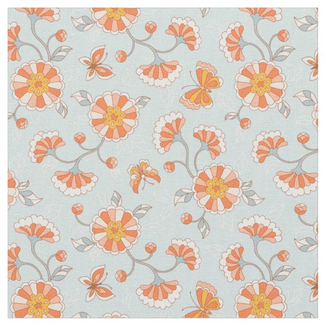 Cute Vintage Flower Butterfly Pattern Fabric (Close Up)