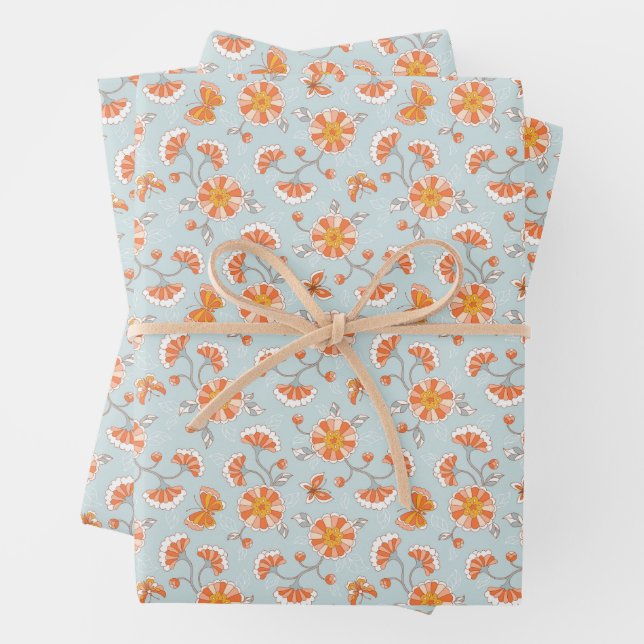 Cute Vintage Flower Butterfly Pattern Wrapping Paper Sheet (In situ)
