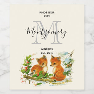 Cute Vintage Foxes Christmas Scene Wine Making Wine Label