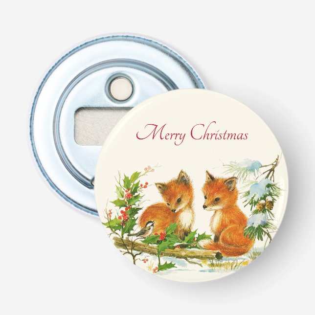 Cute Vintage Foxes Retro Christmas Scene Bottle Opener (Front)