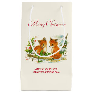 Cute Vintage Foxes Retro Christmas Scene Business Small Gift Bag