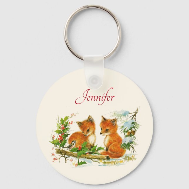 Cute Vintage Foxes Retro Christmas Scene Keychain (Front)