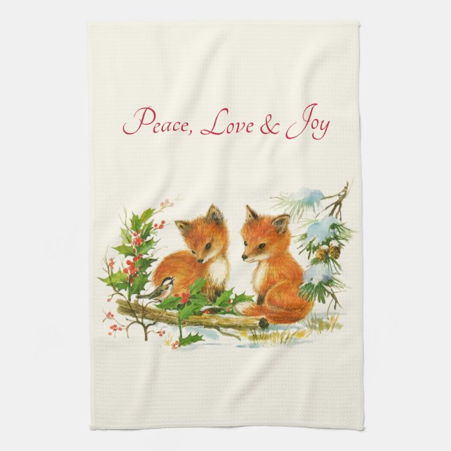 Cute Vintage Foxes Retro Christmas Scene Kitchen Towel (Vertical)