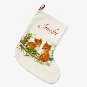  Cute Vintage Foxes Retro Christmas Scene Large Christmas Stocking