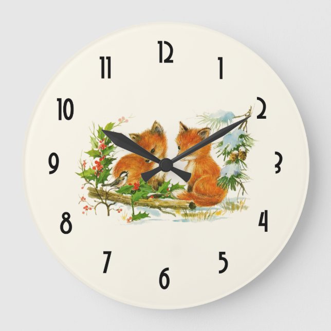 Cute Vintage Foxes Retro Christmas Scene Large Clock (Front)