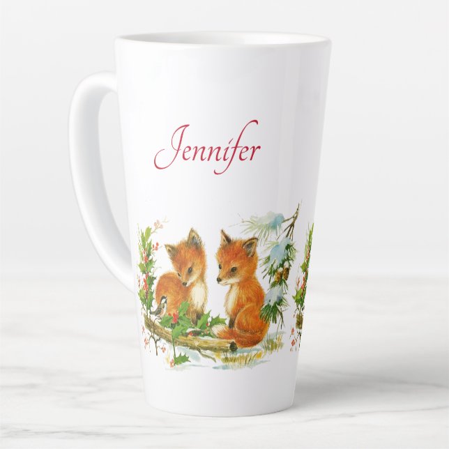 Cute Vintage Foxes Retro Christmas Scene Latte Mug (Left Angle)