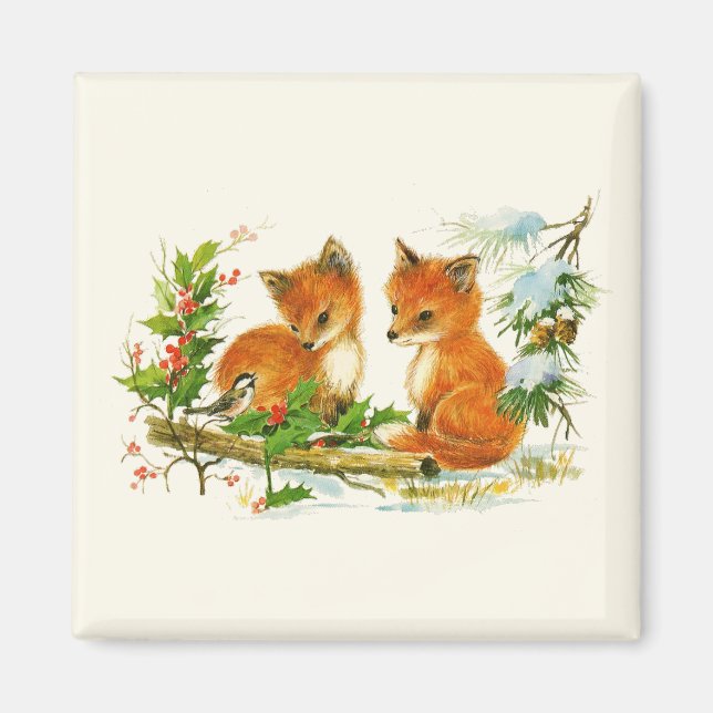 Cute Vintage Foxes Retro Christmas Scene Magnet (Front)