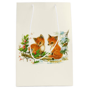 Cute Vintage Foxes Retro Christmas Scene Medium Gift Bag