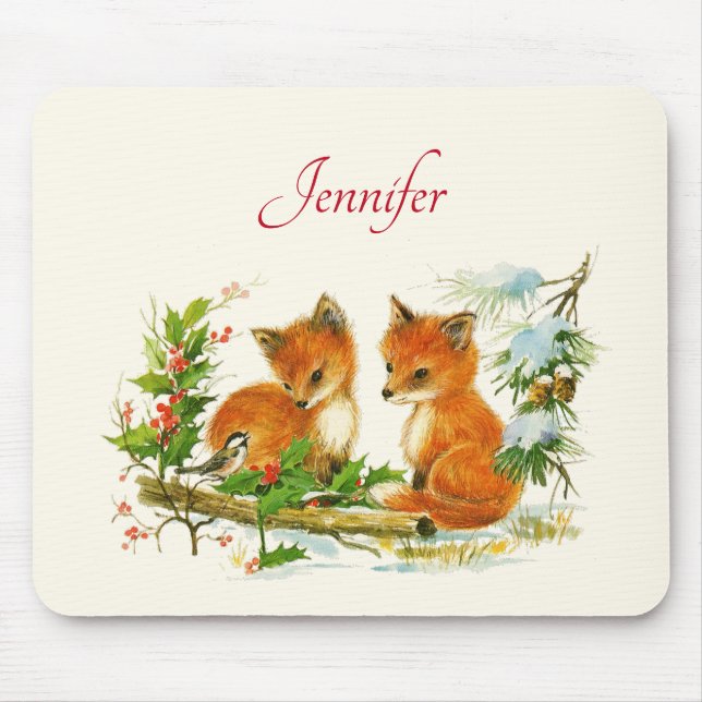Cute Vintage Foxes Retro Christmas Scene Mouse Pad (Front)