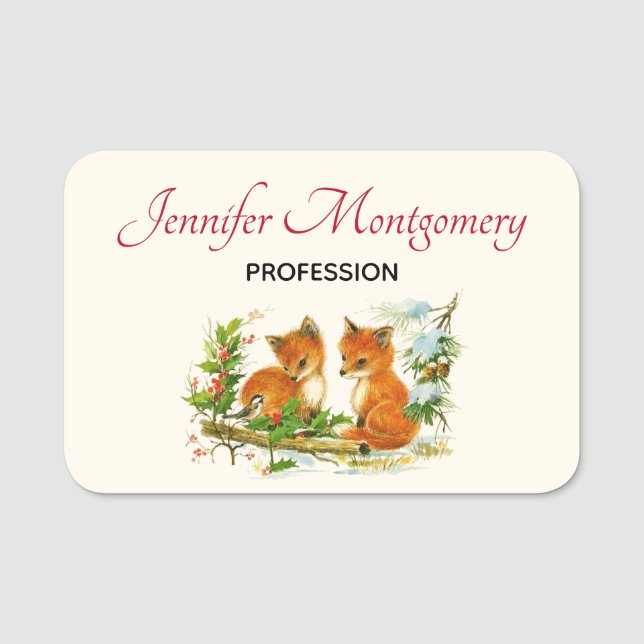 Cute Vintage Foxes Retro Christmas Scene Name Tag (Front)