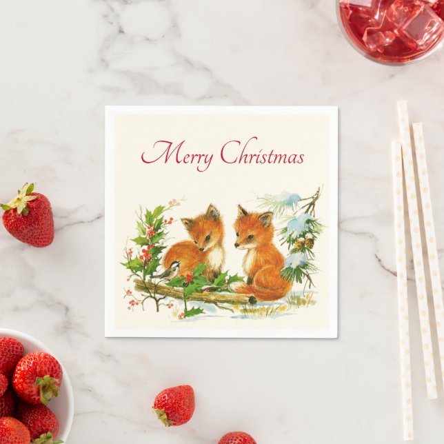 Cute Vintage Foxes Retro Christmas Scene Napkin (Insitu)