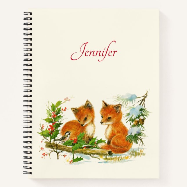 Cute Vintage Foxes Retro Christmas Scene Notebook (Front)