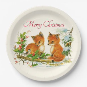 Cute Vintage Foxes Retro Christmas Scene Paper Plate