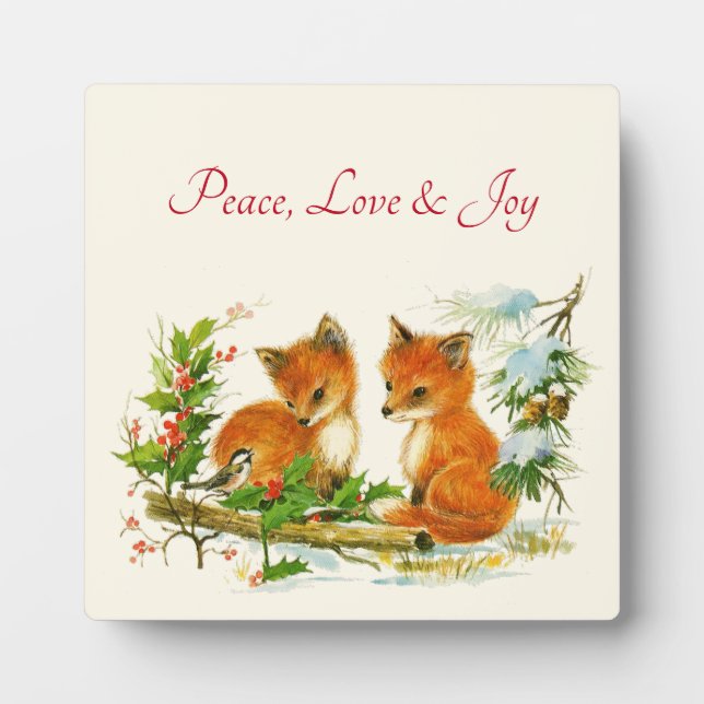 Cute Vintage Foxes Retro Christmas Scene Plaque (Front)