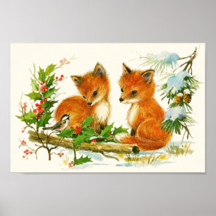 Cute Vintage Foxes Retro Christmas Scene Poster
