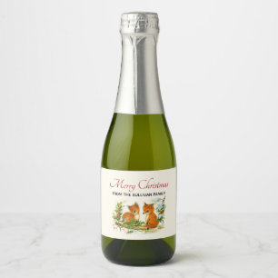 Cute Vintage Foxes Retro Christmas Scene Sparkling Wine Label