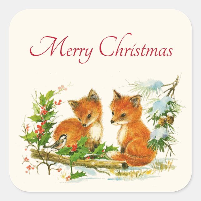 Cute Vintage Foxes Retro Christmas Scene Square Sticker (Front)
