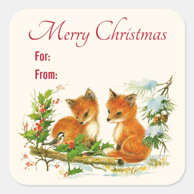 Cute Vintage Foxes Retro Christmas Scene Square Sticker (Front)