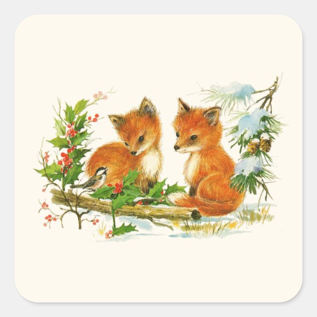 Cute Vintage Foxes Retro Christmas Scene Square Sticker (Front)