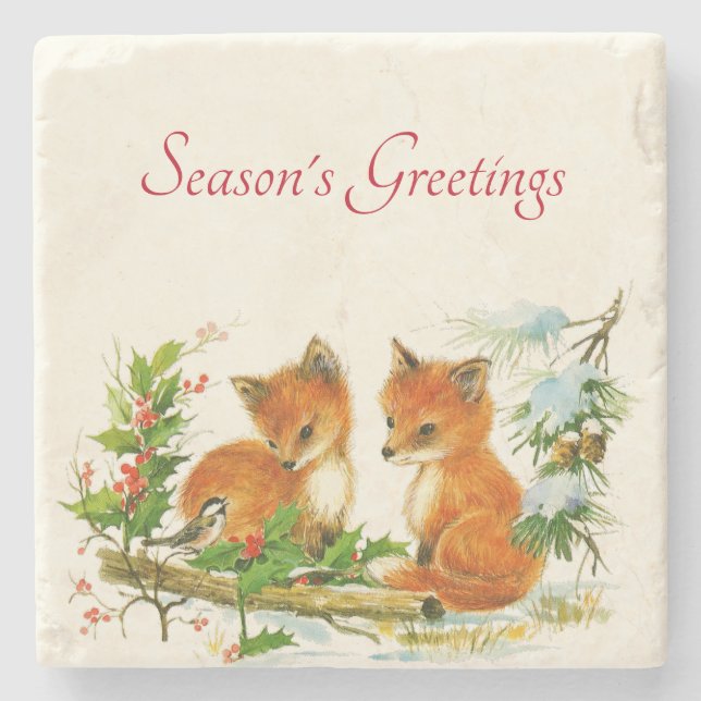 Cute Vintage Foxes Retro Christmas Scene Stone Coaster (Front)