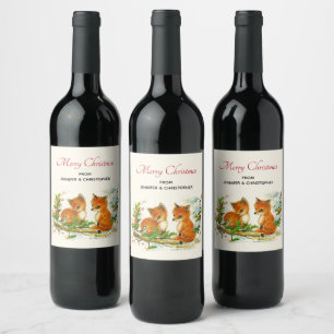 Cute Vintage Foxes Retro Christmas Scene Wine Label