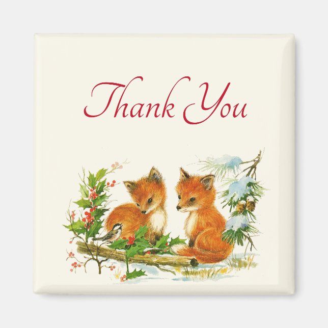 Cute Vintage Foxes Retro Christmas Thank You Magnet (Front)