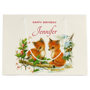 Cute Vintage Foxes Retro Winter Scene Birthday Large Gift Bag