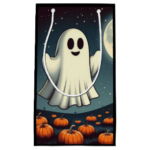 Cute, vintage ghost & pumpkin halloween art small gift bag