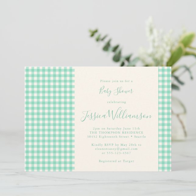 Cute Vintage Gingham Plaid Mint Green Baby Shower Invitation (Standing Front)