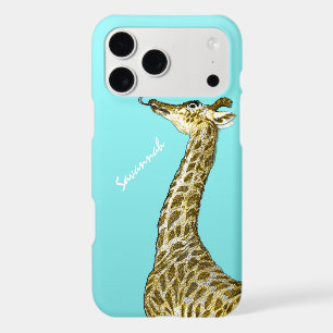 Cute Vintage Giraffe Licking a Butterfly on Aqua