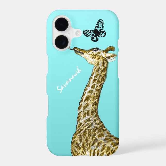 Cute Vintage Giraffe Licking a Butterfly on Aqua (Back)