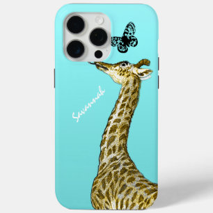 Cute Vintage Giraffe Licking a Butterfly on Aqua iPhone 15 Pro Max Case