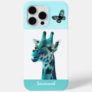 Cute Vintage Giraffe Licking a Butterfly on Aqua iPhone 15 Pro Max Case