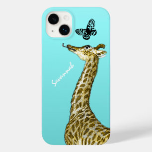 Cute Vintage Giraffe Licking a Butterfly on Aqua Case-Mate iPhone 14 Plus Case