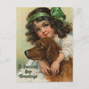 Cute vintage girl dog Saint Patrick's Day Holiday Postcard