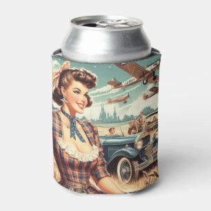 Cute Vintage Girl Illustration Can Cooler